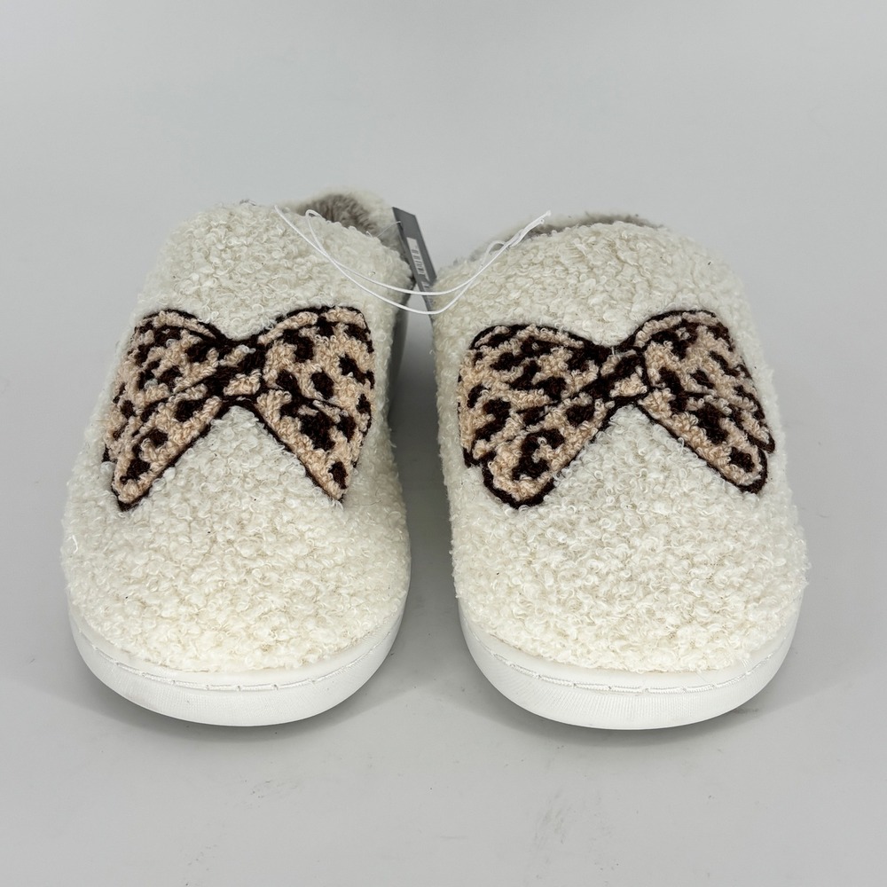 Mia Cozi Bow Slipper Cream Leopard Women Size 6 Faux Fur Loungewear Cozy Warm - Picture 5 of 11